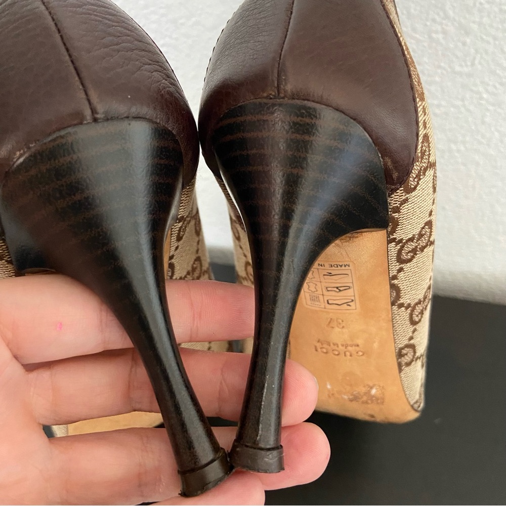 Gucci Monogram Peep-Toe Heels Brown Leather Canvas - Picture 8 of 11